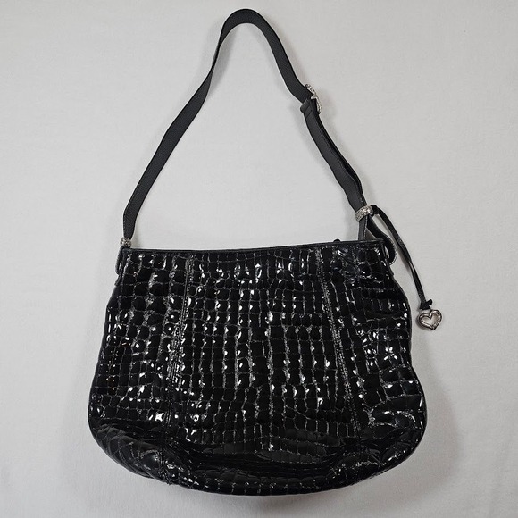 Brighton Black Croc Embossed Patent Leather Shoulder Bag Hobo Silver Tone - Picture 8 of 16
